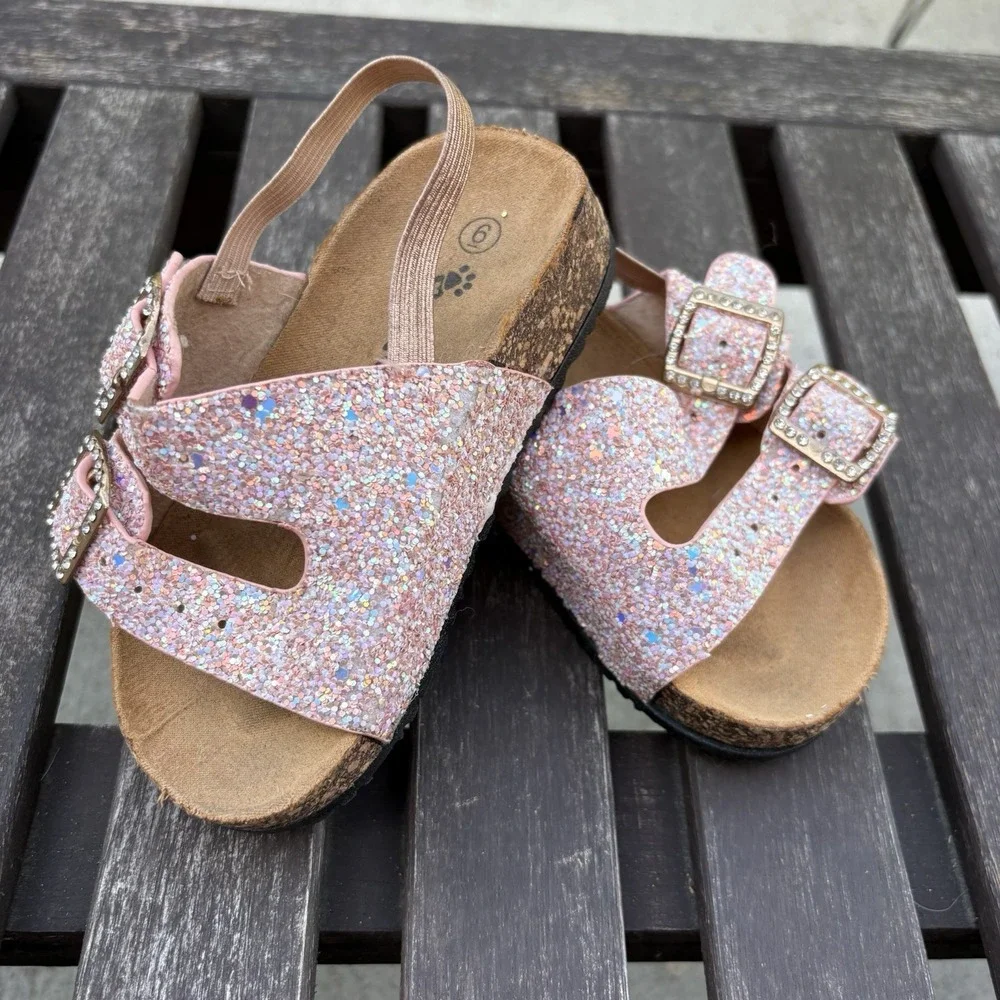 Ositos Kids 6 Pink Sandals Glitter Princess Rhinestone Buckle Cork Footbed